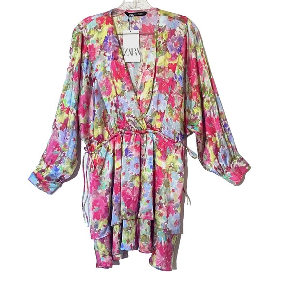 Zara Dress Womens S Multicolor Floral Satin Effect Tiered Mini Drawstrings NWT - Picture 1 of 16